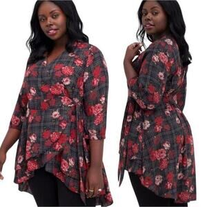 Torrid Women's‎ Plus Plaid Floral High Low Georgette Wrap Tunic Blouse Size 5